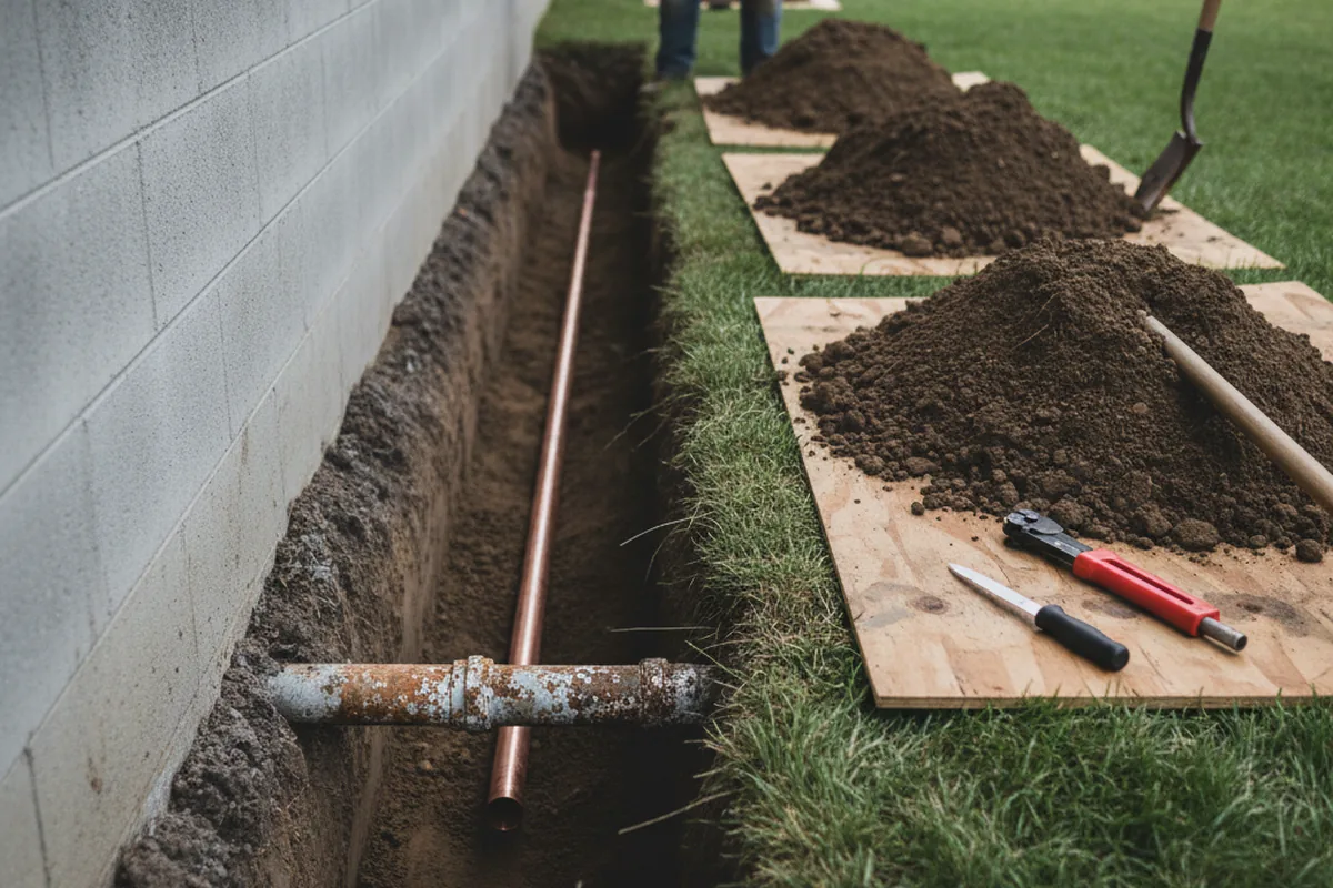 Excavated water line trench during Water Heater Repair in Chesterton